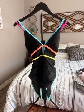 Black One-Piece Swimsuit with Neon Trim